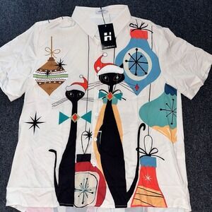 New Hawalili Retro Christmas Cats Short Sleeve Button Up Polyester Shirt Mens XL